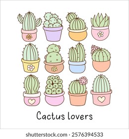 Hand draw collection pastel cactus lover in pots Plants illustration For Cards Invitations Sticker