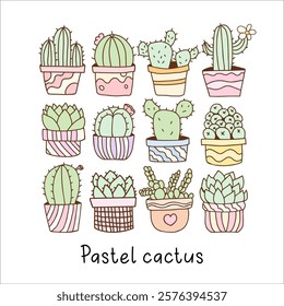 Hand draw collection pastel cactus in pots Cactus lover Plants illustration For Cards Invitations Sticker