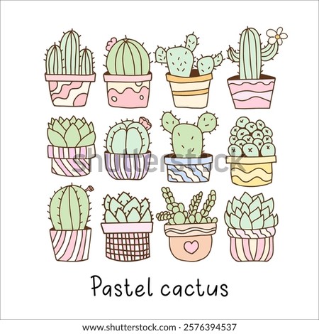 Hand draw collection pastel cactus in pots Cactus lover Plants illustration For Cards Invitations Sticker