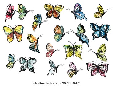 Hand draw collection of pretty colorful butterflies watercolor design