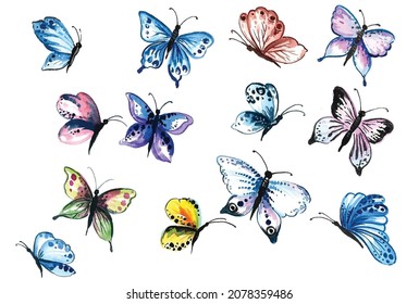 Hand draw collection of pretty colorful butterflies watercolor design