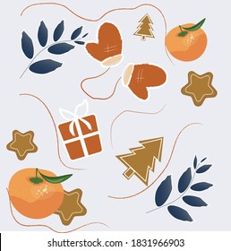 Hand draw collection or winter stickers. Doodle icons items in cartoon hand drawn style. Vector illustration. New Year and winter holiday symbols. Tangerine, mittens, gingerbread leaves