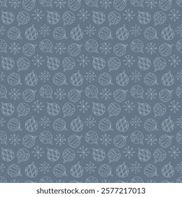 Hand draw color seamless pattern with snowflakes and Christmas tree balls. Doodle illustration.  