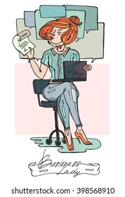 Hand draw  color  sketch vector illustration. Young business woman with headset  and document  working on a laptop in the office.