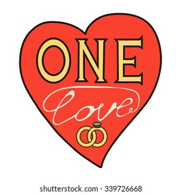 hand draw colored card with the word love in the form of a heart, with elements letering, can be used for wedding, Valentine's Day, gift your 