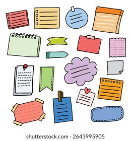 Hand draw colorful doodle paper sheet set. Hand drawn sketch notebook, sticky note and notepad page. Sketch doodle sheets vector illustration set.