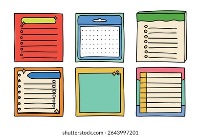 Hand draw colorful doodle paper sheet set. Hand drawn sketch notebook, sticky note and notepad page. Sketch doodle sheets vector illustration set.