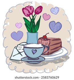 Hand draw, colorful elements, cake, harts, envelop, flowers, coffee. Vector, isolated, doodle in frame.