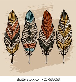 Hand draw colorful feather ethnic vector set