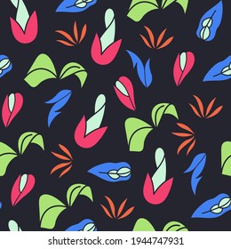 Hand draw colorful floral pattern, abstract botanical vector illustration on navy blue background