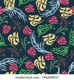 Hand draw colorful flower and leaf pattern, botanical vector illustration