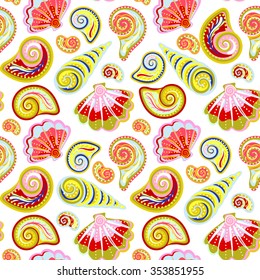 Hand draw colorful sea shells pattern. Seamless texture with hand painted oceanic life objects. Vector summer background