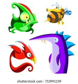 Hand draw colorful vector characters animals. Stylized cartoon monsters. Wasp Bee, chameleon, bird, dragon, beast.