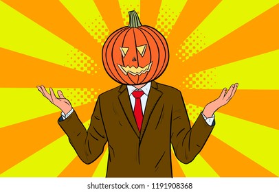 Hand draw comic style pumpkin businessman with happy questions expression . Pop art illustration for Halloween for web, templates, brochure , visit cards, design element