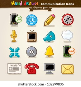 Juego de iconos de comunicación Dibujo a mano. Ilustración vectorial.