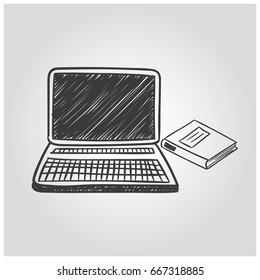 Hand draw computer and notebook. Vector illustration.