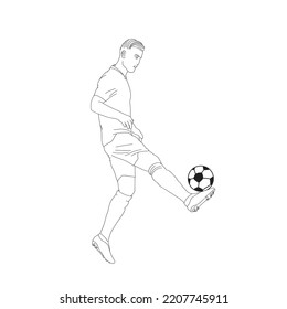 dibujar a mano. Dibujo continuo de la línea del futbolista pateando la pelota. Arte de una sola línea de un joven futbolista bailando y haciendo malabares. Ilustración del vector