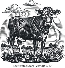 Hand draw cow in the meadow