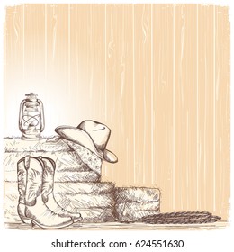 Hand draw cowboy background with western boots and west hat and equipment for riding horses