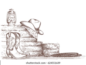 Hand draw cowboy background with western boots and west hat and equipment for riding horses