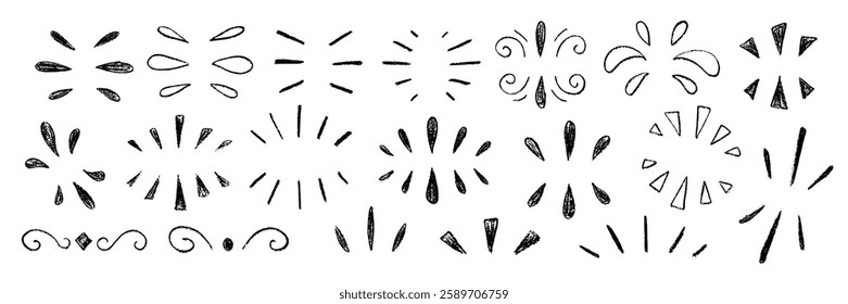 Hand draw crayon attention symbols. Pencil collage elements of doodle expression signs, naive sketch line emphasis. Girly scribbles for express emotion, composition are isolated on white backdrop.