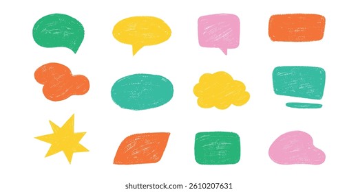 Hand draw crayon speech frame set for text. Speech bubbles, chalk elements in doodle style. Color Kid lines of pencil, balloons, shapes, cloud. Isolated vector illustration.