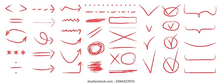 Handzeichnen von Buntstifttextur-Design-Elementen. Vektorgrafik Doodle isolierte Pfeil, Kreuze, mathematische Markierungen, Markierungen, Durchstreichen, Unterstreichen, gerade, gewellt, umrissene Linien, Klammern und Kritzel.