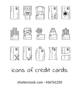 Hand draw credit card icons. Collection of Linear signs of loans. For web and app design