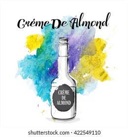 Hand draw of creme de almond  bottle. Vector illustration.