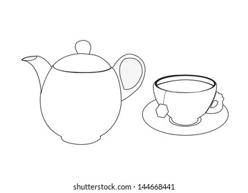 Hand draw cup of coffee and teapot