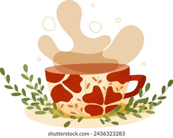 Hand draw cup and saucer with flowers and leaves isolated on white, Mug with coffee, tea. Vector illustration in cartoon. Cup with poppy. Splash of coffee, 