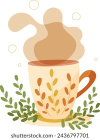 Hand draw cup and saucer with leaves isolated on white, Mug with coffee, tea. Vector illustration in cartoon.Splash of coffee, 