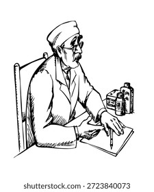 Mão desenhar cura cura cura gripe doente ferramenta dor equipe nota relatório branco remédio posto de trabalho cara velho sentar falar mostrar receita olhar droga forma ponto explicar gráfico lista texto ajuda desenho animado linha caneta arte sinal vet ideia