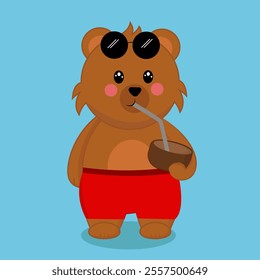 Hand Draw Cute Bear on holiday enjoying with coconut drinks, Funny cartoon bear character drinking coconut having fun and relaxing