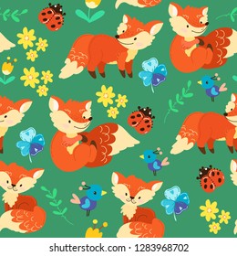 hand draw cute cartoon character. Children's vector illustration. Seamless childish pattern. Red, funny fox, flora, butterflies, flowers. On a green background