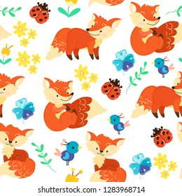 hand draw cute cartoon character. Children's vector illustration. Seamless childish pattern. Red, funny fox, flora, butterflies, flowers. On a white background