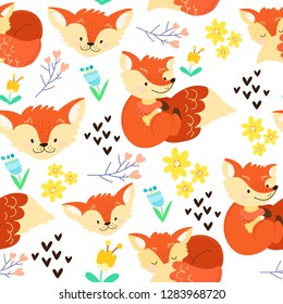 hand draw cute cartoon character. Children's vector illustration. Seamless childish pattern. Red, funny fox, flora, butterflies, flowers. On a white background