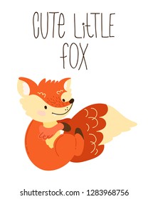 hand draw cute cartoon character. Children's vector illustration. Template for a babyish postcard. Redhead, funny fox with the inscription. isolated on white background