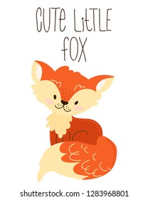 hand draw cute cartoon character. Children's vector illustration. Template for a babyish postcard. Redhead, funny fox with the inscription. isolated on white background