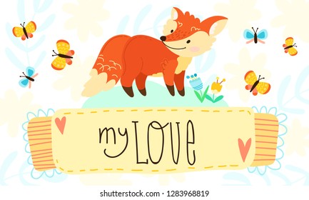 hand draw cute cartoon character. Children's vector illustration. Template banner for invitations, signs, cards. Redhead, funny fox, butterflies.