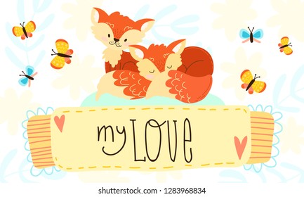 hand draw cute cartoon character. Children's vector illustration. Template banner for invitations, signs, cards. Red, funny foxes, butterflies.