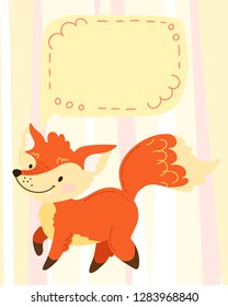 hand draw cute cartoon character. Children's vector illustration. Template for a babyish postcard, wish, invitation. Redhead, funny fox with place for signature. On a striped background