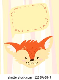 hand draw cute cartoon character. Children's vector illustration. Template for a babyish postcard, wish, invitation. Redhead, funny fox with place for signature. On a striped background