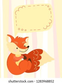 hand draw cute cartoon character. Children's vector illustration. Template for a babyish postcard, wish, invitation. Redhead, funny fox with place for signature. On a striped background