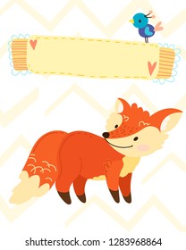 hand draw cute cartoon character. Children's vector illustration. Template for a babyish postcard, wish, invitation with place for signature. Redhead, funny fox and blue bird. On chevron background