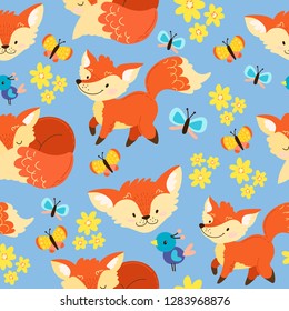 hand draw cute cartoon character. Children's vector illustration. Seamless childish pattern. Red, funny fox, flora, butterflies, flowers. On blue background