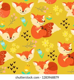 hand draw cute cartoon character. Children's vector illustration. Seamless childish pattern. Red, funny fox, flora, butterflies, flowers. On yellow background