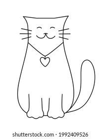 Dibujar a mano un gato lindo al estilo de los dibujos animados. Un boceto blanco y negro es una mascota. El gato satisfecho se sienta y sonríe. Esquema aislado en un fondo blanco. Ilustración vectorial moderna.