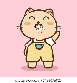 Hand draw cute Cat and Rabbit cartoon character vector on color background. Cartoon character design. Cute Animals character for kids. Vector illustration.