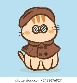 Hand draw cute Cat and Rabbit cartoon character vector on color background. Cartoon character design. Cute Animals character for kids. Vector illustration.